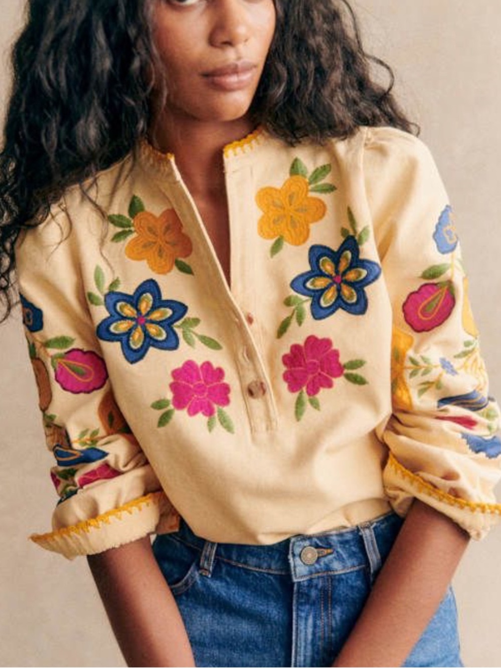 Sezane Severine Embroidered Floral Peasant Blouse